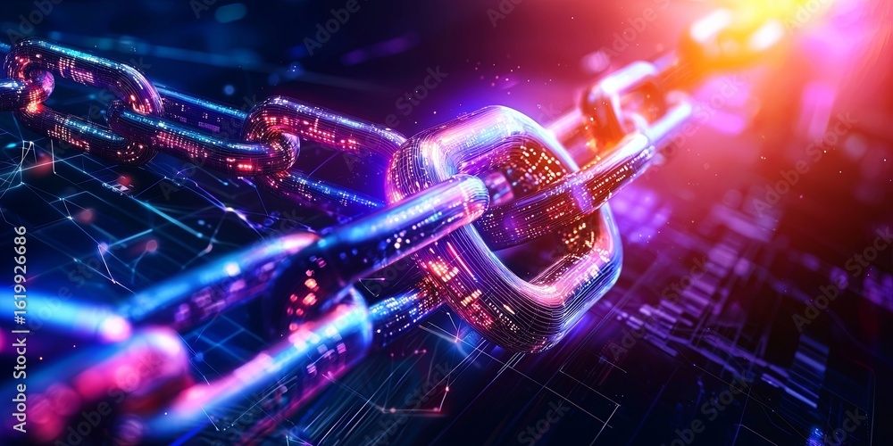 Poster abstract illustration of blockchain technology enhancing iot device interactions in smart cities, ne
