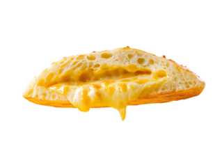 A cross section of a golden crusted bread roll filled with hot melted cheese oozing and dripping