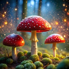 Vibrant red fly agaric toadstools with white spots emerge from green moss in an autumn forest