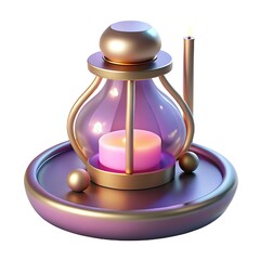 Magical glowing lantern with a pink candle and ornate golden details on a decorative tray