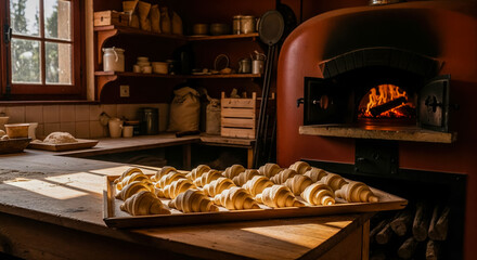 Ready to put croissants in the oven on a baking sheet on a wooden table in an old bakery against the background of a wood-burning oven, local bakery in a residential area, desserts for breakfast