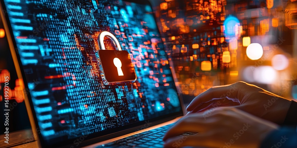 Poster data encryption in a modern remote work environment, showcasing a laptop with a locked padlock on th