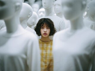 A young woman in a yellow dress stands amid white mannequins, highlighting themes of individuality and anonymity.