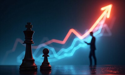 Chess pieces, king and pawn, on a surface with a person silhouette against a glowing upward graph showing strategic business growth.