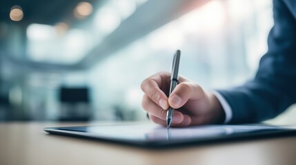 オフィスでタブレットにペンで署名するビジネスパーソン | Businessman signing on a tablet with a pen in an office