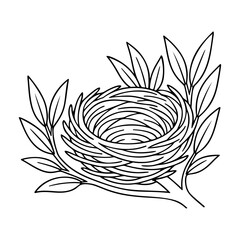 Nest outline line art, black and white doodle style. Ideal for logo, tattoo, app, coloring book, web design, infographics, banner, poster, and more. Vector illustration
