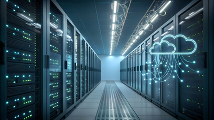Fototapeta premium Modern data center with glowing server racks and cloud technology illustration