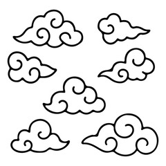 Asian Clouds outline icon line art, black and white doodle style. Ideal for logo, tattoo, app, coloring book, web design, infographics, banner, poster, and more. Vector illustration