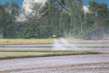 A drone effectively sprays pesticide over a farm field surrounded by lush green trees.