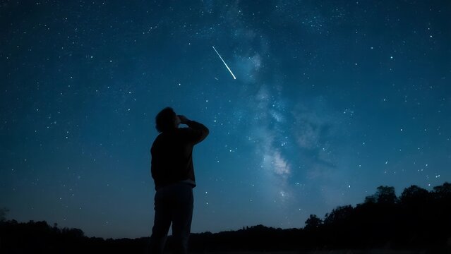A person observes the night sky, silhouetted against a starry backdrop with the Milky Way and a shooting star.