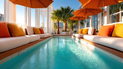 A tranquil pool area featuring orange umbrellas and cozy seating, perfect for relaxation and enjoyment of beautiful sunny days under the clear sky.