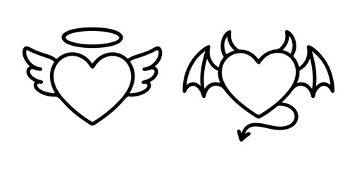 angel and demon hearts outline icon line art, black and white doodle style. Ideal for logo, tattoo, app, coloring book, web design, infographics, banner, poster, and more. Vector illustration