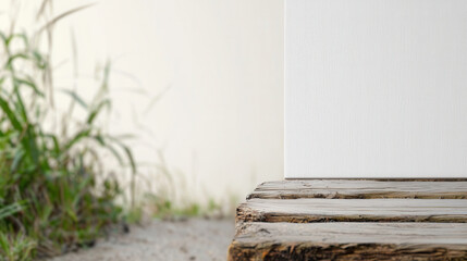 Obraz premium Blank canvas resting on rustic wooden surface surrounded by greenery, evoking sense of creativity and tranquility