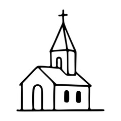 Church outline icon line art, black and white doodle style. Ideal for logo, tattoo, app, coloring book, web design, infographics, banner, poster, and more. Vector illustration