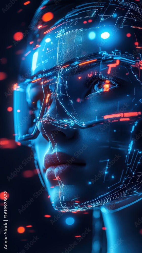 Poster immersive virtual reality experience with futuristic augmented reality interface and networked