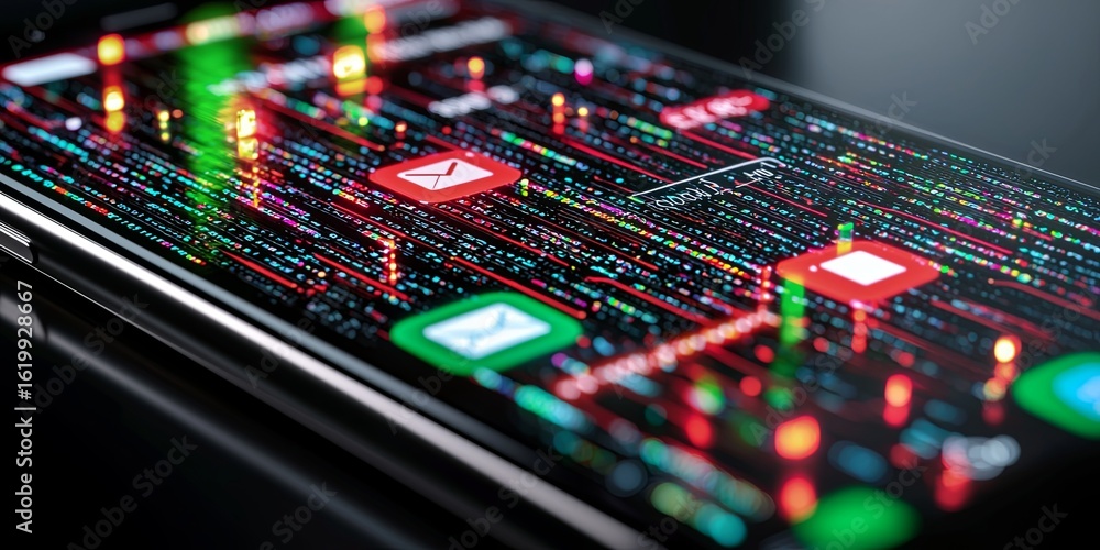 Poster a close-up of a smartphone displaying encrypted messages, symbolizing corporate security measures to