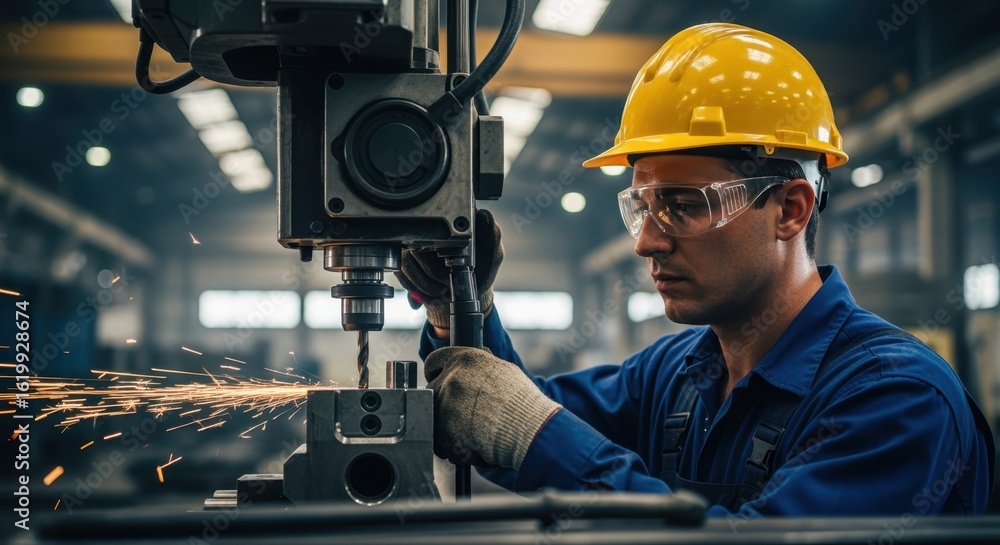 Poster factory environment with hardhatclad employee performing precision drilling task.