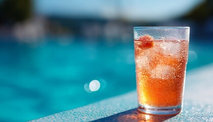 Chilled orange beverage in a glass by the pool, capturing the essence of summer relaxation and refreshment.