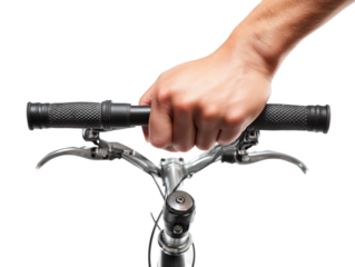 A close-up shot of a cyclist's firm grip on bicycle handlebars, highlighting the focused control and readiness for the ride.