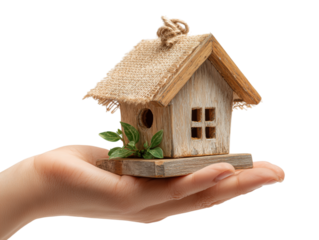 A delicate wooden house, a symbol of warmth and belonging, rests gently in the palm of a hand