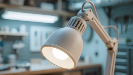 Modern Desk Lamp Emitting Warm Light in a Kitchen Setting