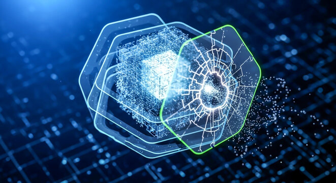 A futuristic CPU with its security shield shattered, revealing a broken padlock icon. A powerful concept of a cybersecurity breach, data vulnerability, hacking, and digital system failure.