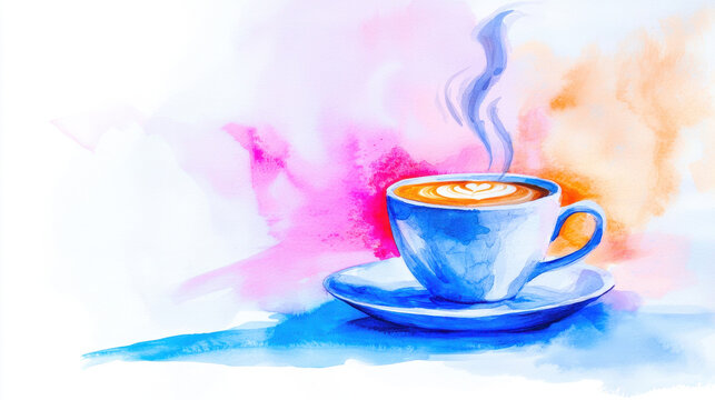 Watercolor illustration of coffee cup with steam rising, showcasing vibrant colors and artistic flair