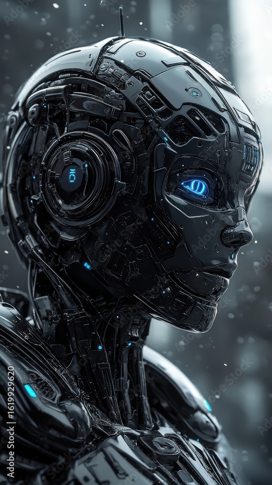 Aufkleber Cybernetic android in atmospheric urban environment showcasing advanced technological integration