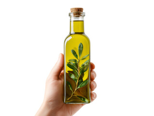 A close-up shot shows a hand delicately holding a clear glass bottle of olive oil, infused with fresh olive leaves and sealed with a cork.