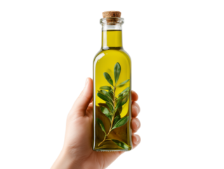 A close-up shot shows a hand delicately holding a clear glass bottle of olive oil, infused with fresh olive leaves and sealed with a cork.