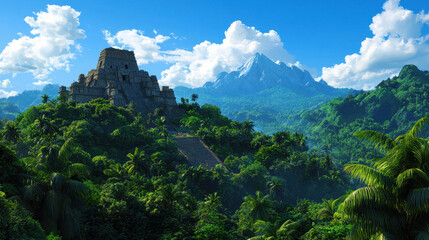 Fototapeta premium Ancient ruin in jungle surrounded by lush greenery and mountains, evoking sense of mystery and adventure