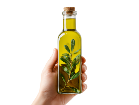 A close-up shot shows a hand delicately holding a clear glass bottle of olive oil, infused with fresh olive leaves and sealed with a cork.