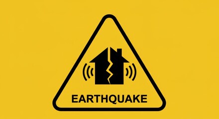 Yellow triangular earthquake warning sign with house icon