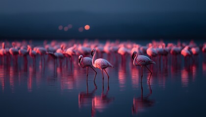 A serene flock of pink flamingos wades through tranquil waters at sunset, their reflections beautifully mirrored in the calm lake.