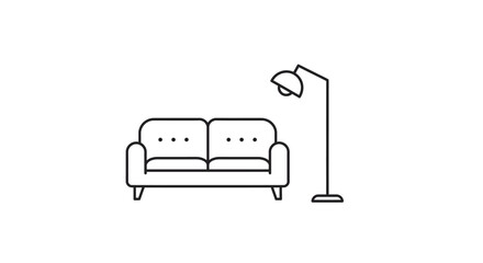 Simple line drawing of a couch and floor lamp in a living room setting.