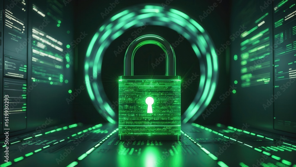 Poster futuristic digital padlock glowing with binary code in a dark, cybernetic environment