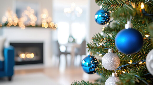 Beautiful Christmas tree decorated with blue and silver ornaments, creating festive atmosphere in cozy living room