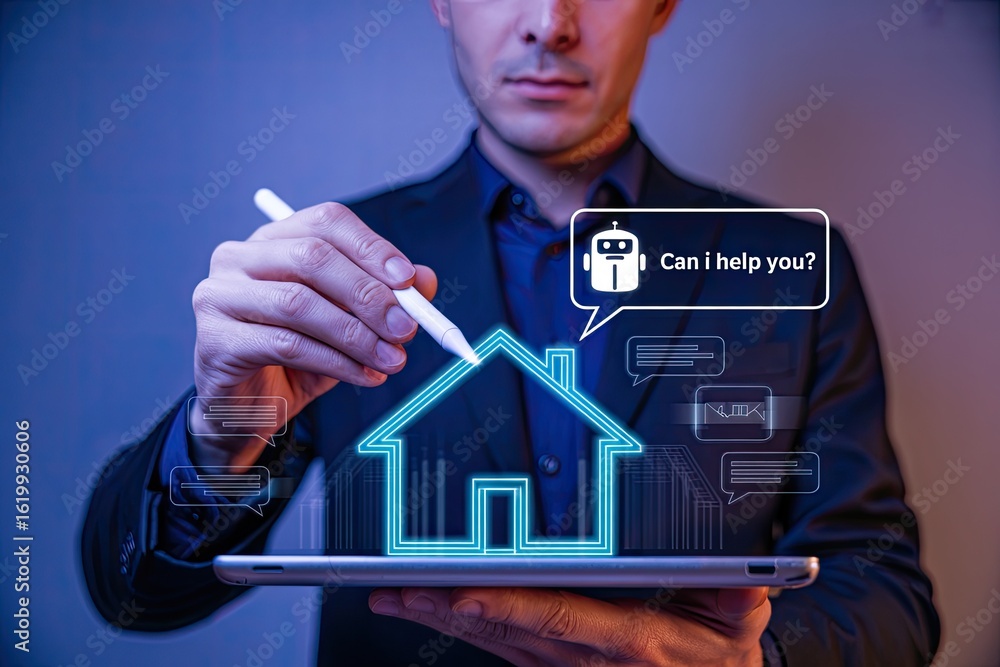 Poster man using stylus on tablet to interact with futuristic holographic smart home interface displaying a