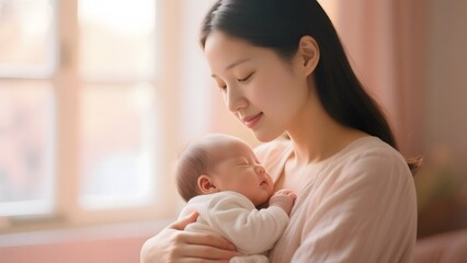 A serene moment of a mother gently holding her newborn baby close to her chest.