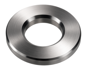 Flat washer with a beveled edge for aesthetic applications in decorative hardware.