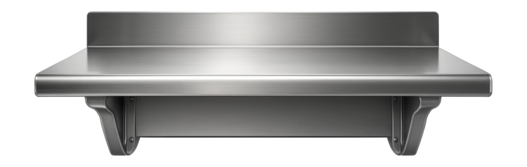 Stainless steel wall-mounted workbench module with a backsplash, suitable for a professional kitchen setting.