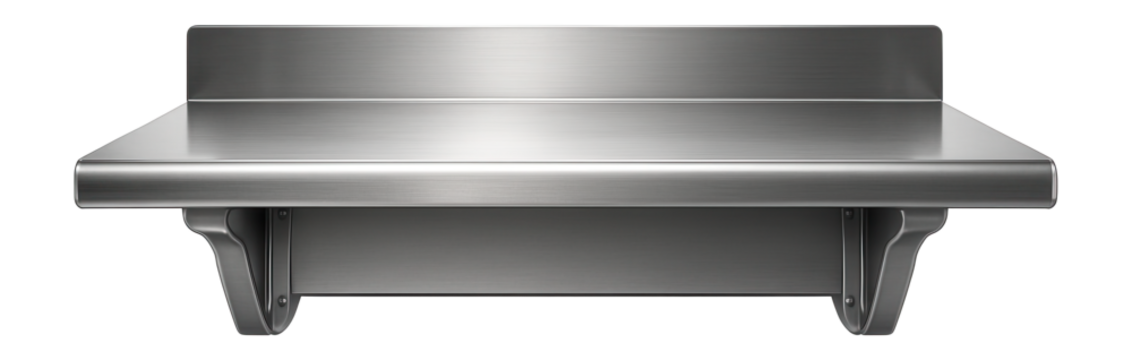 Stainless steel wall-mounted workbench module with a backsplash, suitable for a professional kitchen setting.