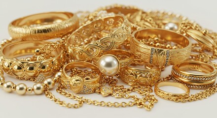 Luxurious Golden Jewelry Collection: Rings, Bracelets, Necklaces, and Pearls Displayed on a Light Background, Capturing Opulence and Elegance