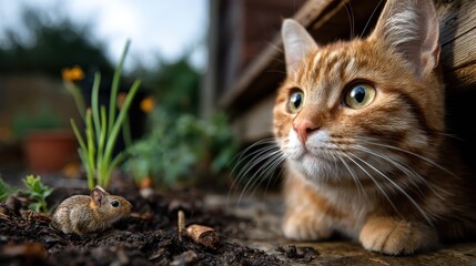 A striking close-up image of a curious ginger cat observing a tiny mouse in a garden, capturing the natural instinct of predator and prey in a vibrant setting.