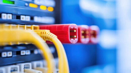 Naklejka premium High quality fiber optic cables connected to network switch, showcasing vibrant colors and advanced technology