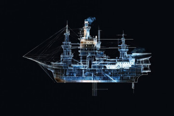Futuristic steampunk ship design with intricate details and glowing elements, showcasing blend of technology and artistry