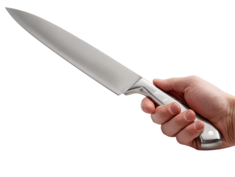An up-close shot showcases a hand firmly grasping a sharp kitchen knife