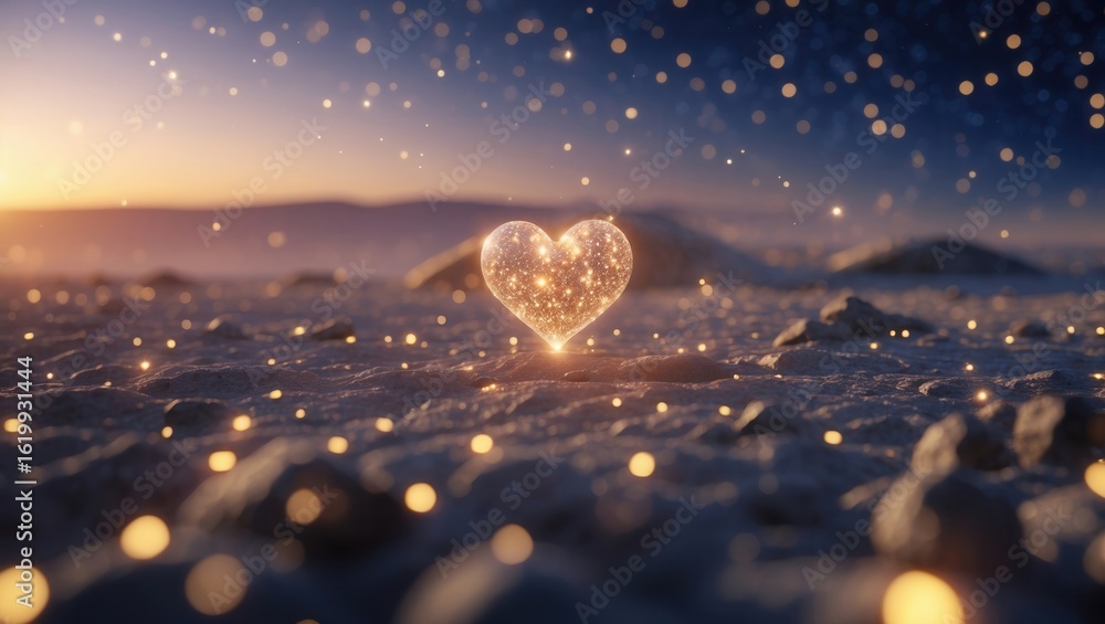 Poster a glowing heart shape surrounded by sparkling particles against a twilight background, creating a ma