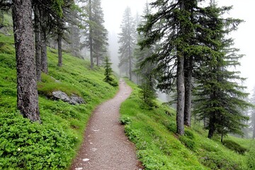 Obraz premium Misty mountain path winds through lush green forest (1)