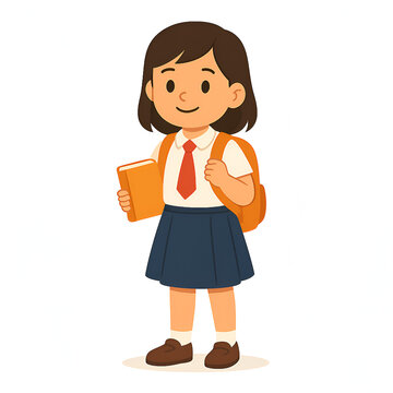 Cartoon Elementary School Girl with Book and Backpack &ndash; Flat Style Full-Body Student Character